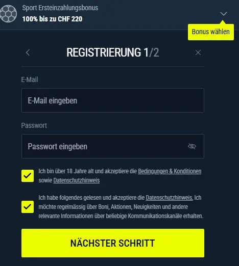 Registrierungsformular – Spielerkonto mit E-Mail-Adresse und Passwort erstellen